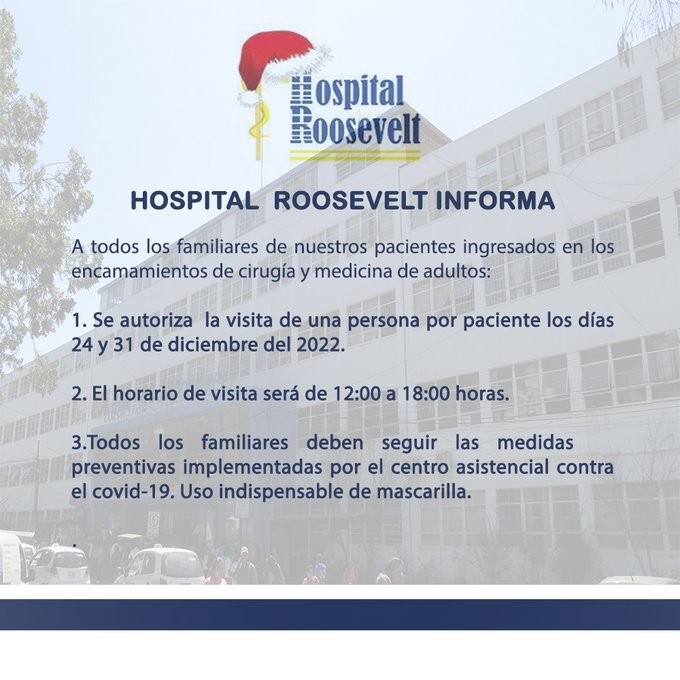 Hospital Roosevelt autoriza visita a pacientes este 24 y 31 de diciembre